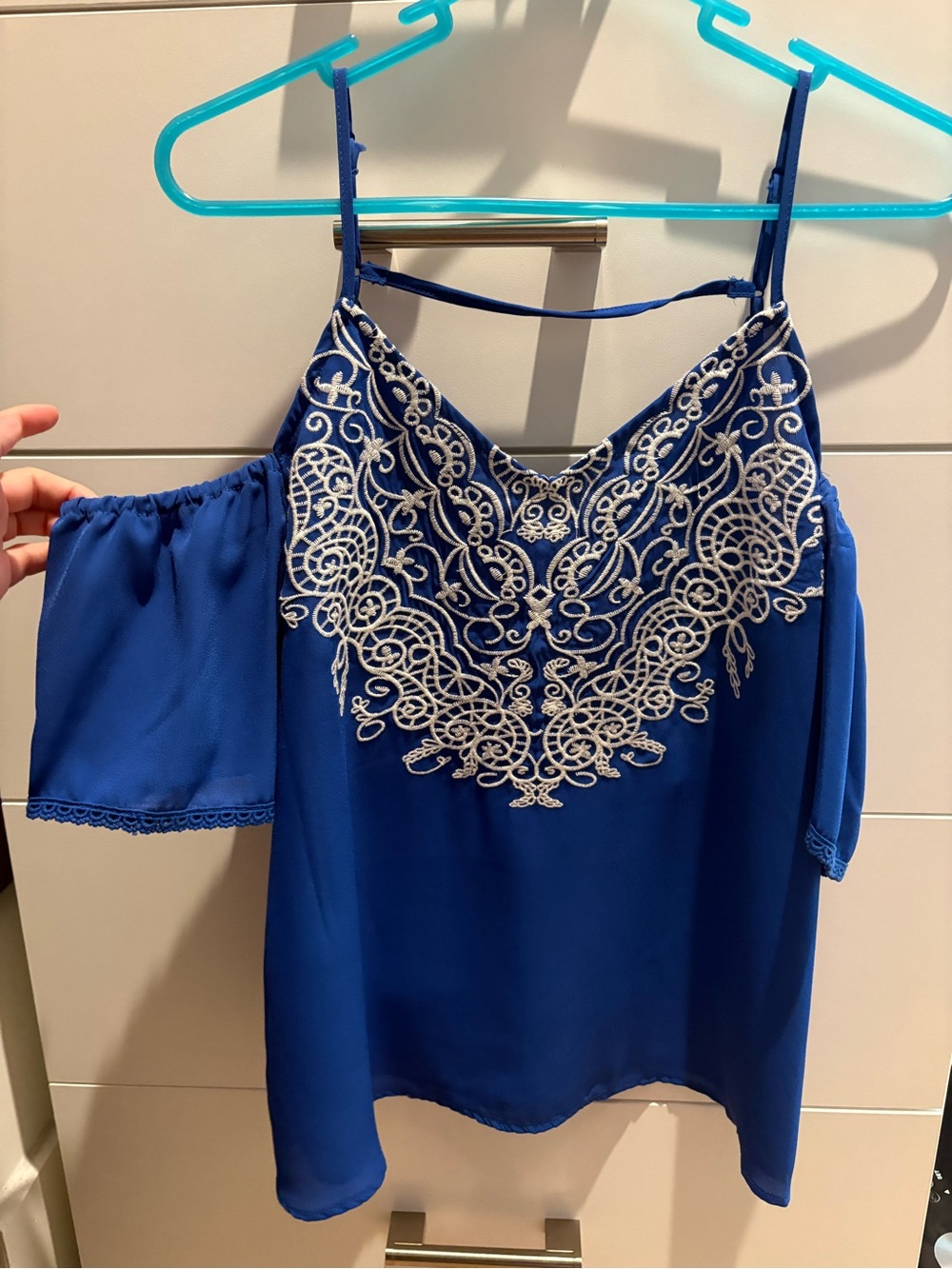 Xhilaration Royal Blue Off-Shoulder Camisole with White Embroidery